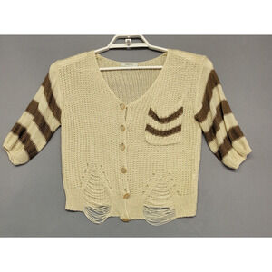 Verty Cropped Sweater Womens One Size Tan Brown Distress Open Knit Buttons